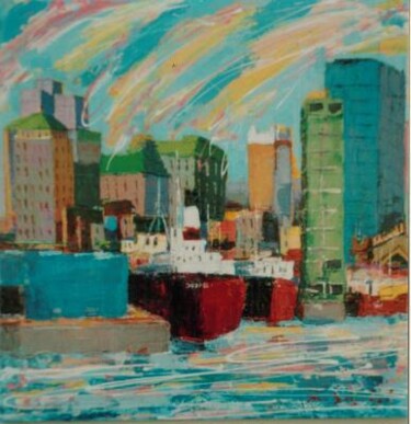 Peinture intitulée "Bâteaux au quai" par M'Hamed Saci, Œuvre d'art originale