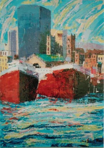 Peinture intitulée "Bâteaux rouges" par M'Hamed Saci, Œuvre d'art originale