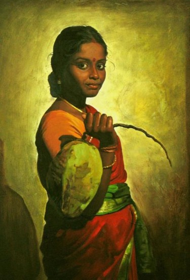 Pintura intitulada "girl with cocunet" por S.Elayaraja, Obras de arte originais