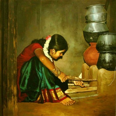Pintura intitulada "working girl" por S.Elayaraja, Obras de arte originais