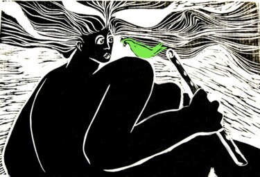 Flautista Impressões e gravuras intitulada "Flautista" por Maria Lucia Pacheco, Obras de arte originais, Linoleogravura