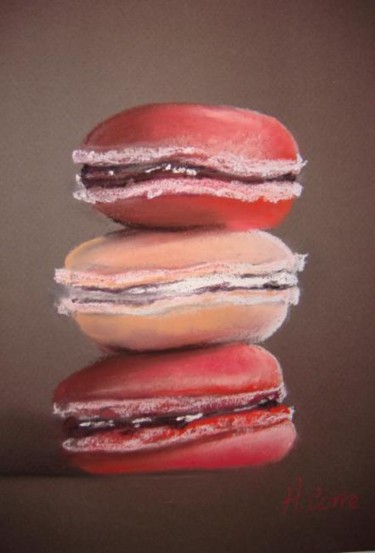 Drawing titled "macarons à la fraise" by Agnes Corre, Original Artwork, Pastel