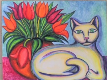 Le chat au bouquet Peinture intitulée "Le chat au bouquet" par L'Homme Aux Pieds De Caoutchouc, Der Man, Œuvre d'art originale