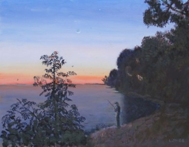 Painting titled "Moonlight Fisherman" by Herscovitch Larry, Original Artwork, Oil