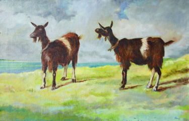 Painting titled "Les chèvres" by Michel Adam, Original Artwork, Oil