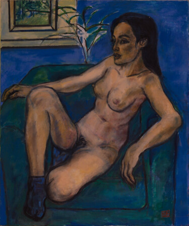 Painting titled "Le Fauteuil Vert- P…" by Robert Gibson, Original Artwork, Oil Mounted on Wood Stretcher frame