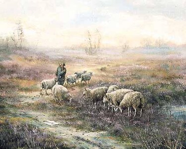 Pintura intitulada "sheep in the heathe…" por Leon Engelen, Obras de arte originais