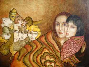 Schilderij getiteld "Mauvais Génies" door Marie-Jeanne Mourot, Origineel Kunstwerk, Olie Gemonteerd op Frame voor houten bra…