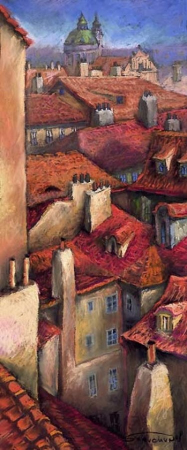 제목이 "Prague Roofs"인 미술작품 Yuriy Shevchuk로, 원작, 파스텔