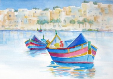 Painting titled "Marsaxlokk Bay" by Marsha Elliott, Original Artwork