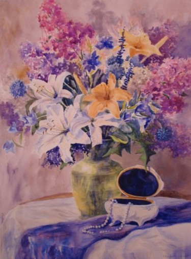 Painting titled "Jewelry Box and Pea…" by Elizabeth Sennett, Original Artwork, Oil