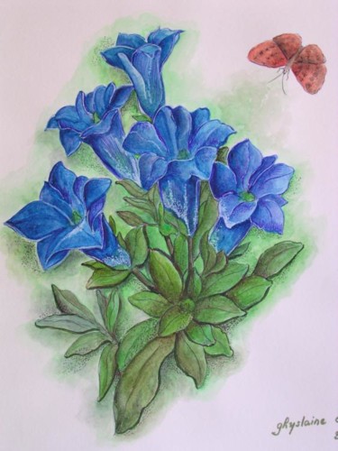 Peinture intitulée "gentiane sans tige" par Ghyslaine De Sevlian, Œuvre d'art originale, Huile
