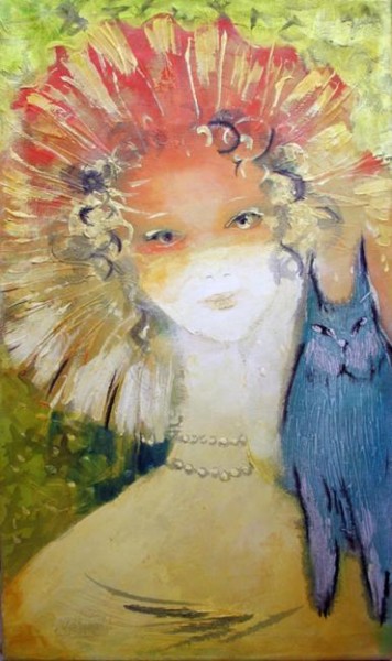 绘画 标题为“Portrait with a Cat” 由Oksana Veber, 原创艺术品, 油 安装在木质担架架上