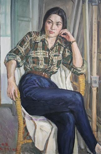 Peinture intitulée "UNE FILLE 11穿格子服的女学生" par Wancheng Liang, Œuvre d'art originale