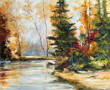 Painting titled "Sapins au bord de l…" by Hélène Molina, Original Artwork, Oil Mounted on Wood Stretcher frame