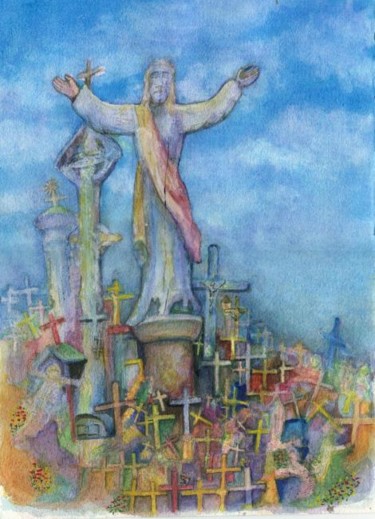 Painting titled "Hill of crosses" by Mikemonte, Original Artwork
