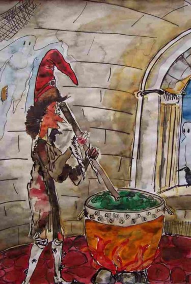 Peinture intitulée "Caramina au chaudron" par Diane Medus, Œuvre d'art originale, Aquarelle