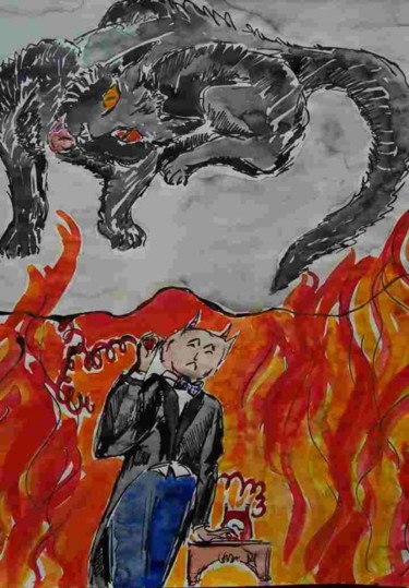 Pintura intitulada "Le Diable téléphone…" por Diane Medus, Obras de arte originais, Óleo