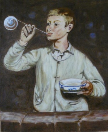 Peinture intitulée "L'Enfant aux bulles…" par Mog, Œuvre d'art originale, Huile