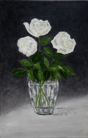 Peinture intitulée "Trois roses blanches" par Mog, Œuvre d'art originale, Huile