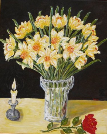 Peinture intitulée "Jonquilles et rose" par Mog, Œuvre d'art originale, Huile