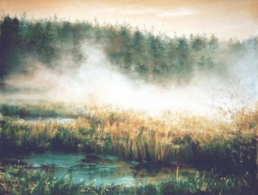 Painting titled "Green Valley's fogs" by Swiatecki Marek, Original Artwork, Oil