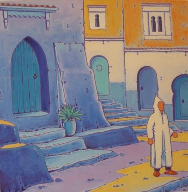 Schilderij getiteld "Rue de Chefchaouen" door Gilles Mével, Origineel Kunstwerk, Acryl Gemonteerd op Frame voor houten branc…