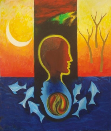 Painting titled "Between the fish an…" by Lk, Original Artwork, Oil