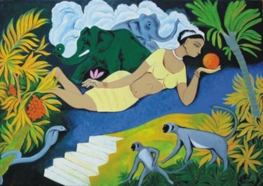 Painting titled "Diva and the Dragon" by Lk, Original Artwork, Oil