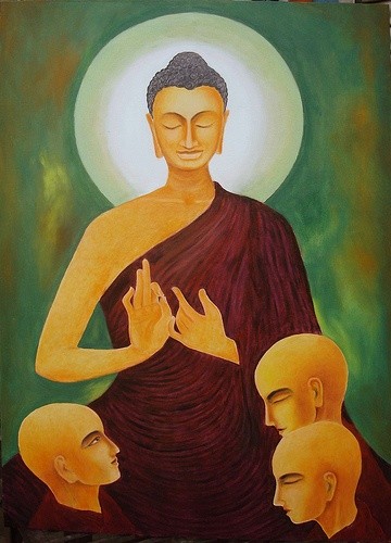 Painting titled "Buddha and disciples" by Lk, Original Artwork, Oil