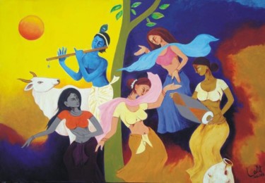 Painting titled "Divine Flute Ecstasy" by Lk, Original Artwork, Oil