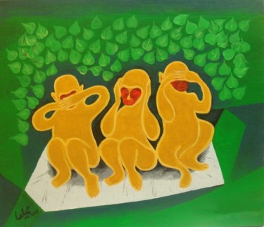 Painting titled "Gandhi and his thre…" by Lk, Original Artwork, Oil
