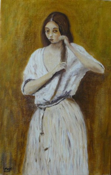 Peinture intitulée "Jeune fille se coif…" par Mog, Œuvre d'art originale, Huile