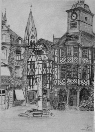 图画 标题为“Marktplatz Heppenhe…” 由Birger Dicke, 原创艺术品, 铅笔