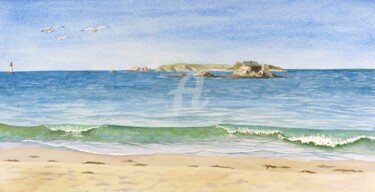 Painting titled "Vaguelette à Saint…" by Armelle Cailly, Original Artwork, Watercolor Mounted on Cardboard