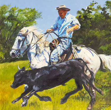 Peinture intitulée "Gardian et taureau" par Agnès Borg-Burglen, Œuvre d'art originale, Huile