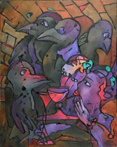 Painting titled "ptaki" by Małgorzata Krasucka, Original Artwork, Oil Mounted on Wood Stretcher frame