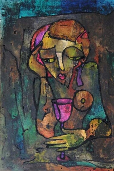 Malarstwo zatytułowany „Z kieliszkiem; With…” autorstwa Małgorzata Krasucka, Oryginalna praca, Olej