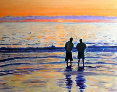 Painting titled "Sunset Fishermen" by Herscovitch Larry, Original Artwork, Oil
