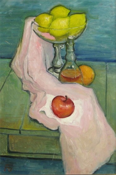 Painting titled "Лимоны и яблоко" by Aleksandr Beliakov, Original Artwork, Oil