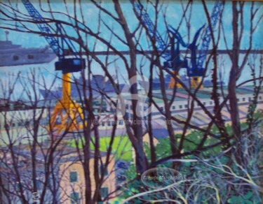 Brest Kerbonne: l'arsenal à travers les arbres en hiver, acrylique Peinture intitulée "Brest Kerbonne: l'…" par Claude Marchalot, Œuvre d'art originale, Huile