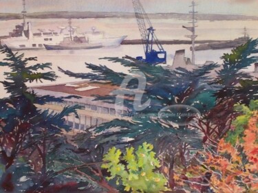 Brest Kerbonne: la rade abri et le Monge au dessus des conifères, aquarelle