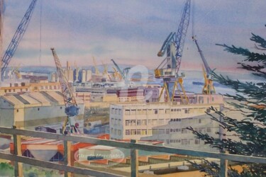 Brest Kerbonne: l'arsenal et les ports dans le soleil, fin d'après-midi, aquarelle Peinture intitulée "Brest Kerbonne: l'…" par Claude Marchalot, Œuvre d'art originale, Huile
