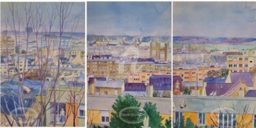 Tryptique de 3 aquarelles: panorama sur brest, du
