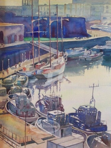Brest Recouvrance, . au soir en Penfeld, les remorqueurs et les goélettes, aquarelle