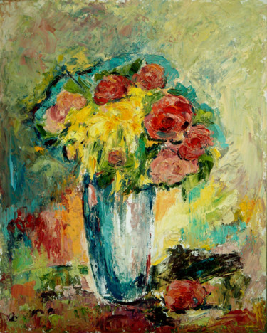 Painting titled "Vase with flowers" by Michelangelo Verso, Original Artwork, Oil