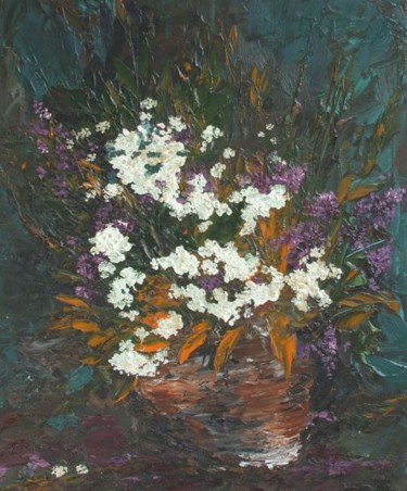 Painting titled "White Flowers & Lil…" by Animesh Roy, Original Artwork, Oil