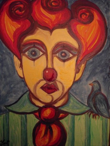 Clown et Mésange Peinture intitulée "Clown et Mésange" par L'Homme Aux Pieds De Caoutchouc, Der Man, Œuvre d'art originale