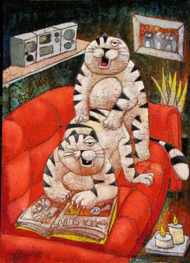 Pittura intitolato "GATTASUTRA POSIZION…" da Franco Anselmi, Opera d'arte originale, Olio