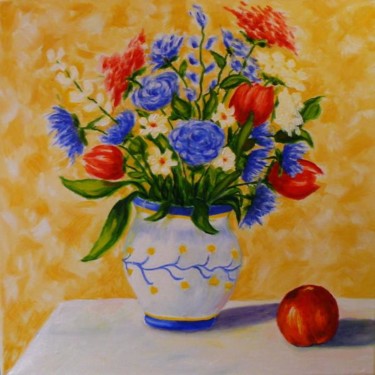 Peinture intitulée "Bouquet et pomme ro…" par Mog, Œuvre d'art originale, Huile